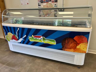 a display case with ice cream on it in a store