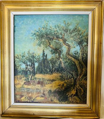 une peinture à l'huile d'un paysage avec des arbres dans un cadre doré
