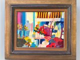 une peinture à l'huile représentant un magasin de fleurs, avec des fleurs au premier plan