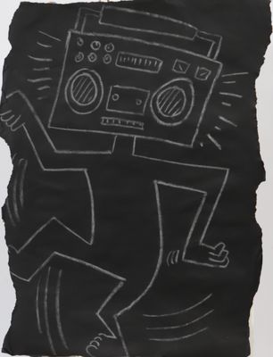 black and white drawing of a man with a boombox on his head