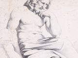 an old drawing of a man sitting on a chair with his hand on his chin