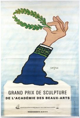 affiche française représentant une main tenant une branche d'olivier, avec l'inscription « Grand Prix de sculpture de l'Académie des Beaux-Arts »
