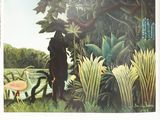 an image of a painting of a man standing in a jungle