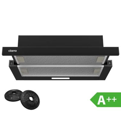 une hotte aspirante noire « + + » équipée de 2 LED et de 2 câbles