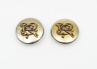 two gold and silver buttons with a dragon on them