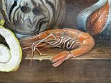 a painting of a bowl of food on a table