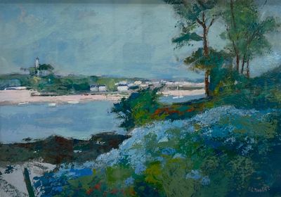 an oil painting of a view of a river with trees and bushes
