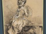 drawing of a woman sitting on a bench with a dog