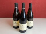 trois bouteilles de vin sont posées sur une table devant un mur rouge