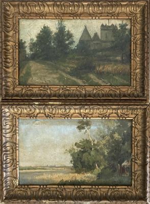 deux tableaux représentant un paysage avec une église au loin et un champ au premier plan