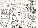 drawing of a woman holding her head in front of a sign