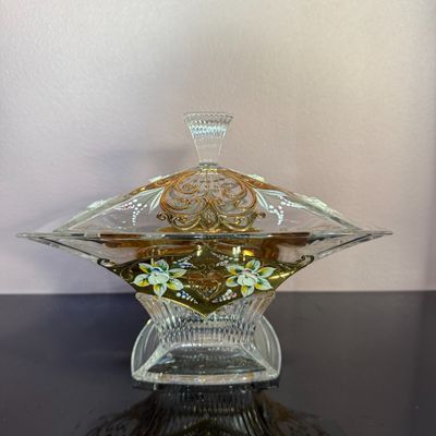 Compotier en cristal avec couvercle peint à la main XXème, D…