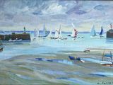 painting of sailboats in the water near a pier on a cloudy day