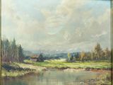 une peinture à l'huile représentant un paysage avec une rivière au premier plan et une maison au loin