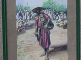 tableau représentant un homme coiffé d'un chapeau et vêtu d'une robe, debout devant une foule