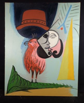 an image of a painting of a bird with a hat on it ' s head