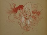 an old drawing of a man and a woman with a fan