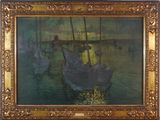 une peinture à l'huile représentant un bateau sur l'eau au coucher du soleil