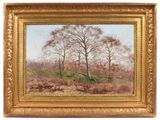 a painting of a landscape with trees and a hill in the background