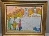 une peinture à l'huile représentant un groupe de personnes devant un bâtiment