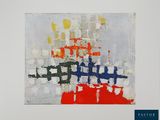 peinture abstraite dans les tons de rouge, blanc, bleu et jaune sur fond blanc