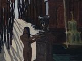 a painting of a woman walking down the street