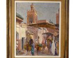 une peinture à l'huile représentant une scène de rue avec des personnages et un cheval