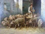 a painting of a man standing in front of a herd of sheep