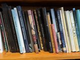 many books on a wooden shelf in a library