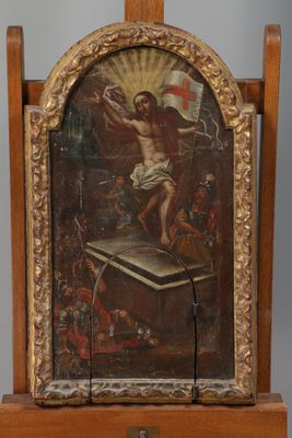 peinture représentant le Crucifidus sur un chevalet en bois