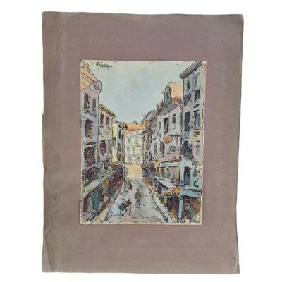 une image représentant une peinture d'une rue de la ville avec des bâtiments