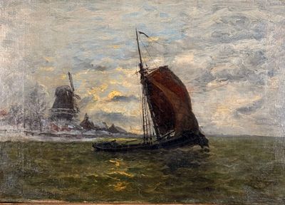 une peinture à l'huile représentant un bateau sur l'eau, avec un moulin à vent en arrière-plan