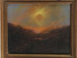 un tableau représentant un coucher de soleil sur une chaîne de montagnes