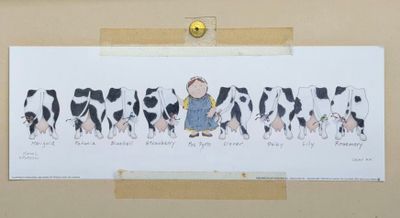 une photo d'un enfant debout devant un troupeau de vaches