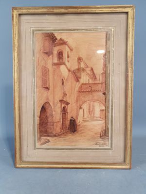 une image d'une peinture représentant une scène de rue dans un cadre doré