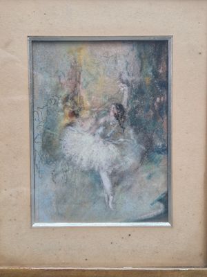 painting of a ballerina in a white dress in a wooden frame