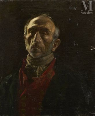 a painting of a man in a red shirt and black jacket