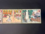 three paintings of people in a room with a waterfall in the background