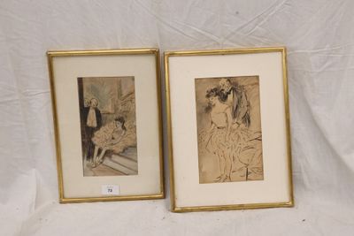 two framed pictures of a woman and a man sitting on a bed