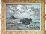 painting of horses pulling a plow through a field with a castle in the background