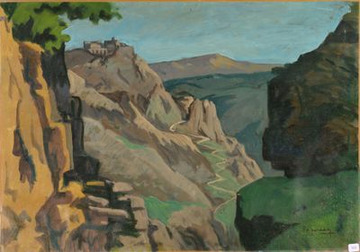 une image représentant un tableau représentant un paysage de montagne avec un château au loin