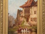 an oil painting of a village scene with a horse drawn carriage by a river