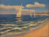 a painting of sailboats in the water on the beach