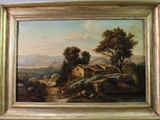 une peinture à l'huile représentant une scène de campagne avec une maison et des arbres