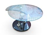 a glass table with a metal base on a white surface