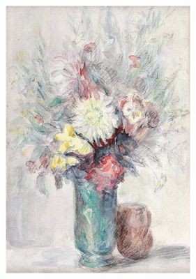 a painting of flowers in a vase on a table