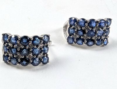 une paire de boucles d'oreilles à clous en saphir bleu sur fond blanc