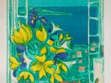 painting of a vase of yellow and blue flowers in front of an open window