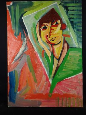 an oil painting of a woman with a green hoodie on a black background