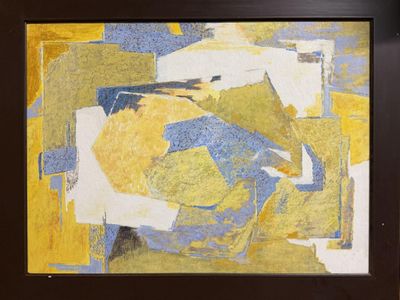 peinture abstraite représentant des formes jaunes, bleues et blanches dans un cadre noir